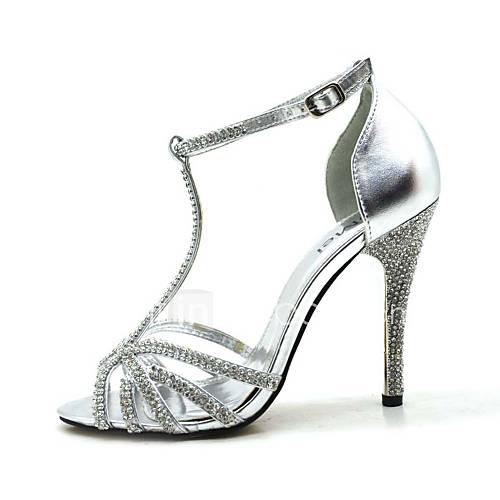 Leatherette Womens Stiletto Heel T Strap Sandals With Rhinestone Shoes