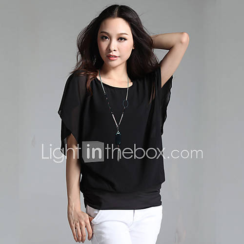 LCL Casual Loose Fit Chiffon Round Neck Ruffle Big Size Shirt(Black)