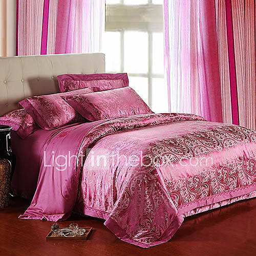 Mankedun Elegant Floral Print Cotton Jacquard Silk Floss 4 PCS Set Bedding