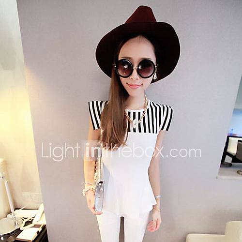 Womens Korean Style Stripes Stitching Contrast Color Slim Shirts