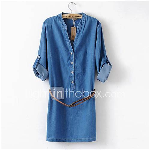 Womens Casual Long sleeve Slim Denim One piece Dress with Belt