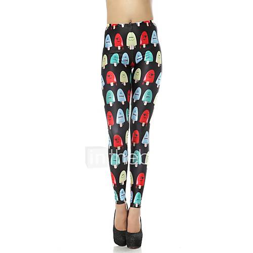 Elonbo Womens Round Collar Digital Printing Coloured Drawing or Pattern Lovely Popsicle Style Tight Leggings