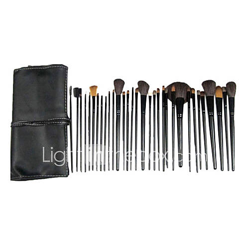 Pro 32 PCs Natural Goat Hair Makeup Brush Set with Black PU White Line Pouch