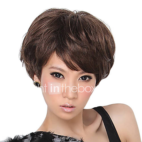 Capless Short Light Brown Curly Synthetic Fiber Wigs Side Bang