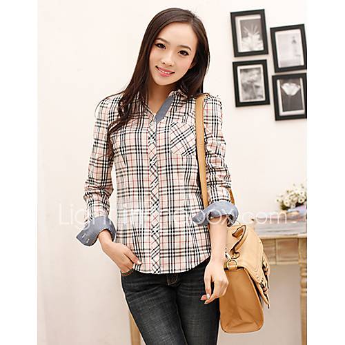 Veri Gude Womens 100% Cotton Bodycon Long Sleeve All Match Check Korean Shirt