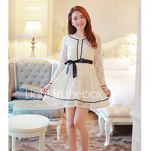 Womens Lace Stitching Long Sleeve Mini Dress