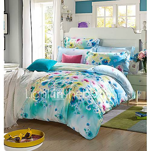 Duvet Cover Set,4 Piece Reactive Print Silky Country Botanical Floral Blue