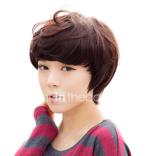 Young Fashion Human Hair Side Bangs Capless Short Straight Chestnut Brown Hair Wig