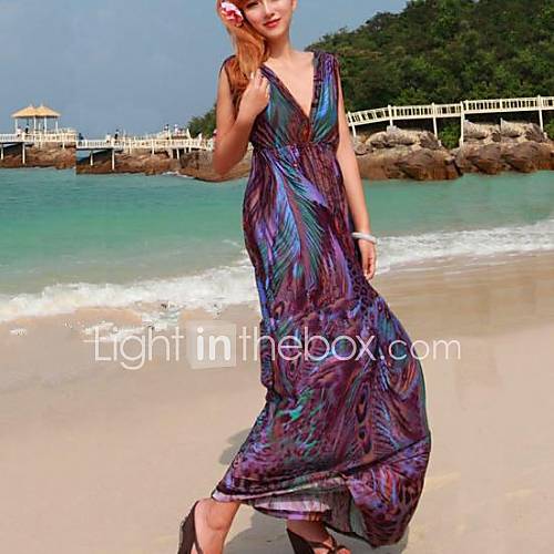 Womens Korean Style Boutique Bohemian Print Beach Dress