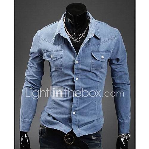 HKWB Casual Do Old Cotton Slim Long Sleeve Shirt(Dark Blue)