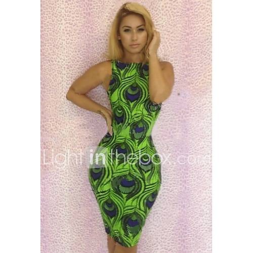 Womens New Plume Printing Hang over Neck Fashion Bandage Dress