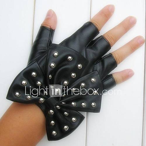 Womens Fashionable Rivets Big Bowknot Half Gloves