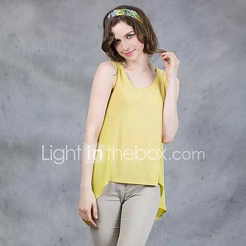 YIGOUXIANG Womens European Style Round Collar Irregular Swing Sleeveless Chiffon Shirt(Yellow)