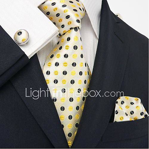 Mens Landisun Yellows Black Polka Dots Silk Tie Set Tie Hanky Cufflinks Landisun Exclusive