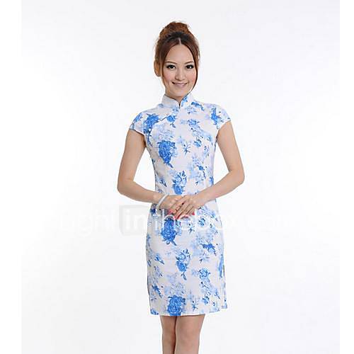 Womens Collar Blue and White Porcelain Dress