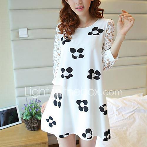 Womens Korean Style Floral Print Lace Stitching Long Sleeve Chiffon Dress