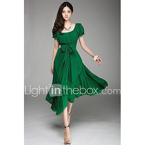 Swd Short Sleeve Irregular Hem Belt Dress (Green)
