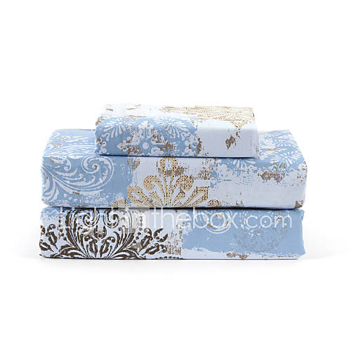 Sheet Set,4 Piece Microfiber Retro Floral Blue with 12 Pocket Depth