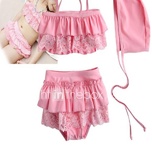 Baby Girls Pink Lace Trim Two Pieces Swimsuit