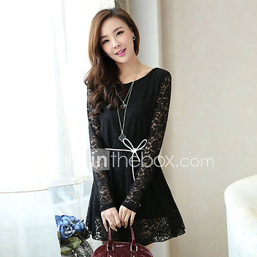 K Star Womens Korean Sexy Lace Sleeve Solid Color Dress(Black)