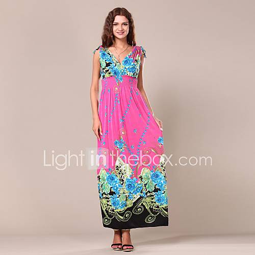 Maya Womens Floral V Neck Bohemian Print Vintage Maxi Beach Long Dress