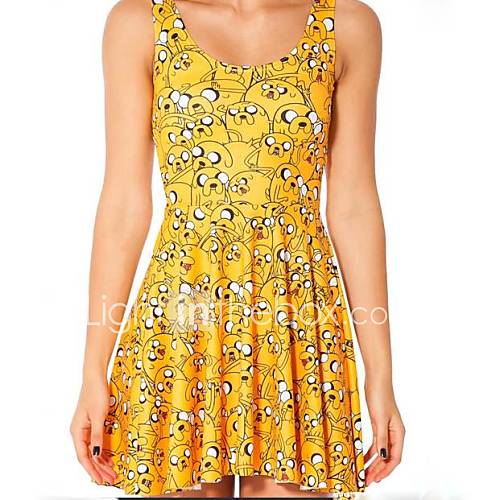 Womens Round Collar Yellow Cute Dog Pattern Print Sleevless Dress