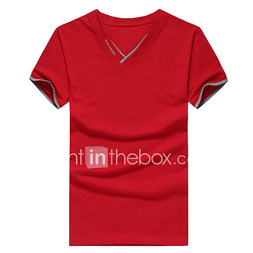 ARW Mens Leisure Solid Color Short Sleeve V Neck Red Shirt
