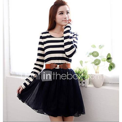 Womens Spring Sweet Stripe Stitching Puff Sleeve Organza Dress