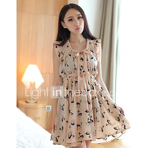 Successful Deer Printing Waisted Chiffon Slim Dress