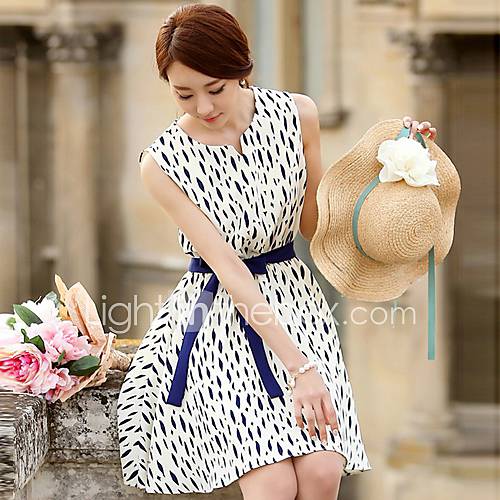 Lanliersi Korean Slim Blue Polka Dots Long Sleeve Bottoming Dress