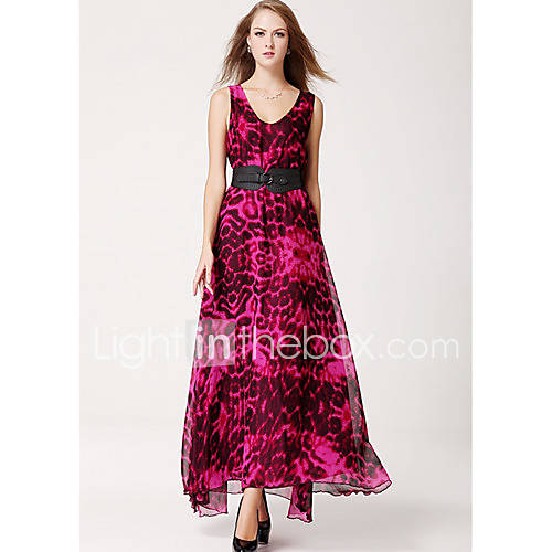 F.Modern Leopard Grain Round Collar Posed Show Thin Vest Dress(Fuchsia,Green)