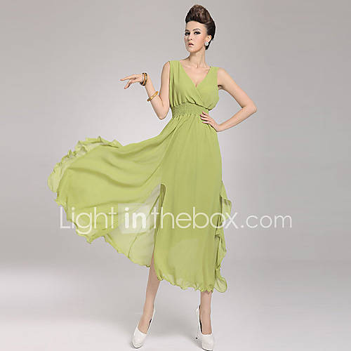 Color Party Womens Fashion V Neck Long Dress (Green)