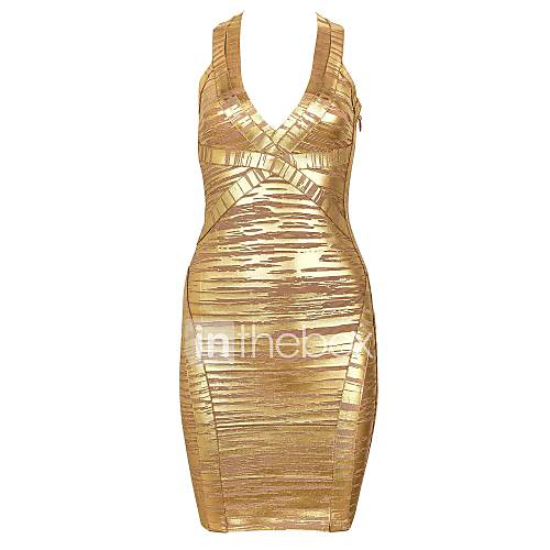 Metallic V Neck Open Back Sexy Bodycon Bandage Dress