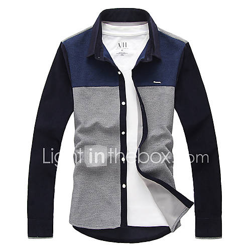 YiRANCP Mens Korean Style Check Pattern Splicing Fitted Long Sleeve Shirt(Gray)