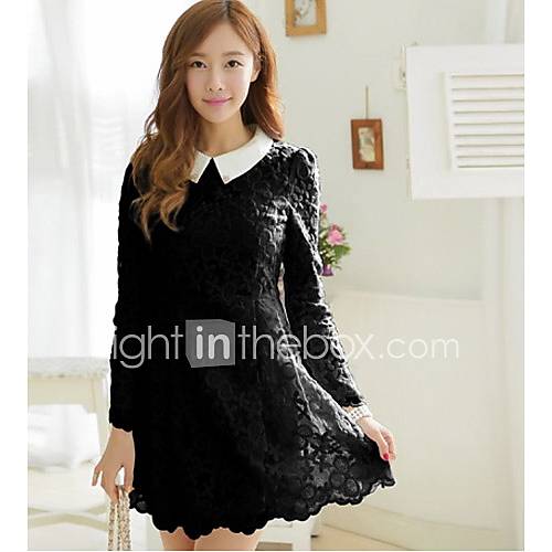 Loongzy Womens Korean Bodycon Organza Lace Lapel Neck Black Dress