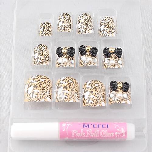 12PCS Multi Color Bow Leopard Print Acrylic UV Gel False Nail Art Tips With Glue