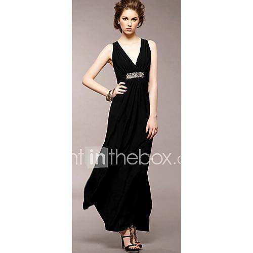 Womens Deep V Backless Rhinestone Maxi Night Gown