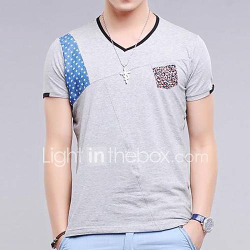 Mens V neck Contrast Color Splicing Slim Short Sleeve T shirt