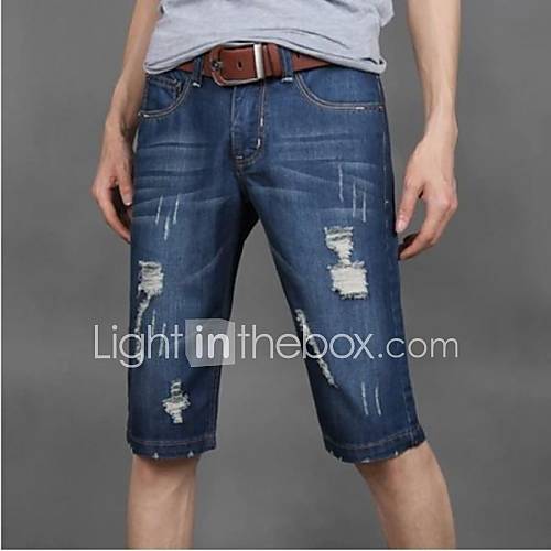 Mens Summer Casual Mid Length Jeans Ripped Denim Shorts(Belt Not Included)