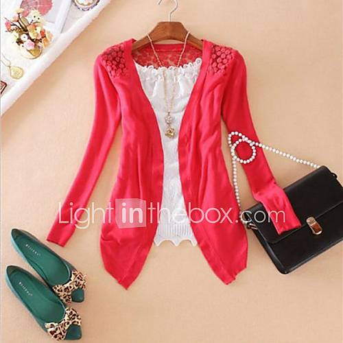 Fashion Womens Cardigan Lace Sweet Candy Pure Color Slim Crochet Knitted Blouse Sweater