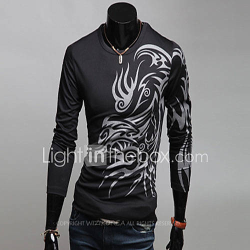 Men's Print Casual T-Shirt,Cotton Blend Long Sleeve-Black / White ...