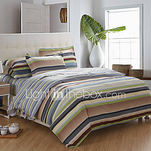 Duvet Cover Set,4 Piece 100% Cotton Country Stripe Green Coffee