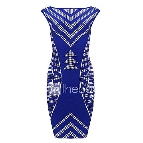 Blue Geometry Printed Sleeveless Sexy Bodycon Bandage Dress