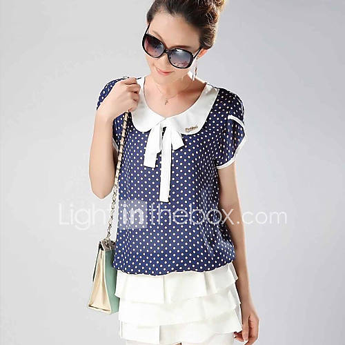 E Shop 2014 Summer Doll Collar White Polka Dots Loose Fit Short Sleeve Chiffon Shirt (Blue)