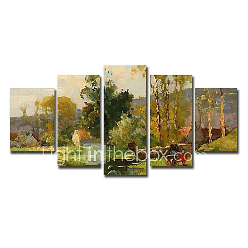 Hand Painted Oil Painting Landscape People Spring Outing with Stretched Frame Set of 5
