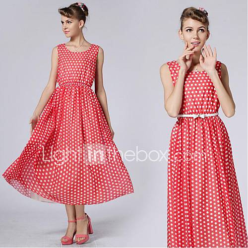 Womens Fashion Red Dots Print Chiffon Ball Dress