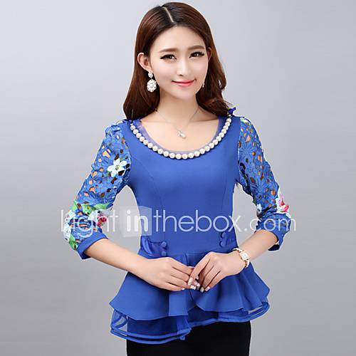 Lanliersi Chiffon Round Lace 3/4 Sleeve Bottoming Shirt (Blue)