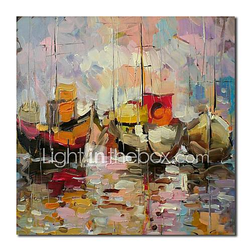 Hand Painted Oil Painting Landscape Heavy Texture Sailling Boat on The Sea with Stretched Frame