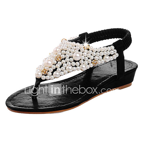 Leatherette Womens Flat Heel T Strap Sandals with Imitation Pearl Shoes(More Colors)