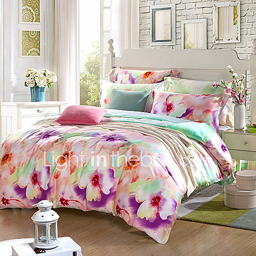 Duvet Cover Set,4 Piece Reactive Print Silky Country Floral Multicolor